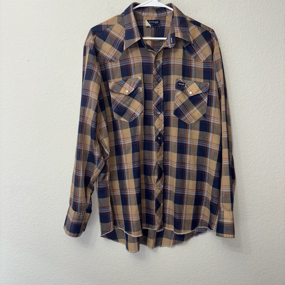 Vintage Wrangler Plaid Western Shirt Pearl Snap Men's Size XL Button Up LS
